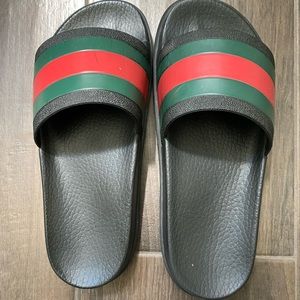 Gucci web rubber slides. Gently used. Full transparency on the scuff marks.